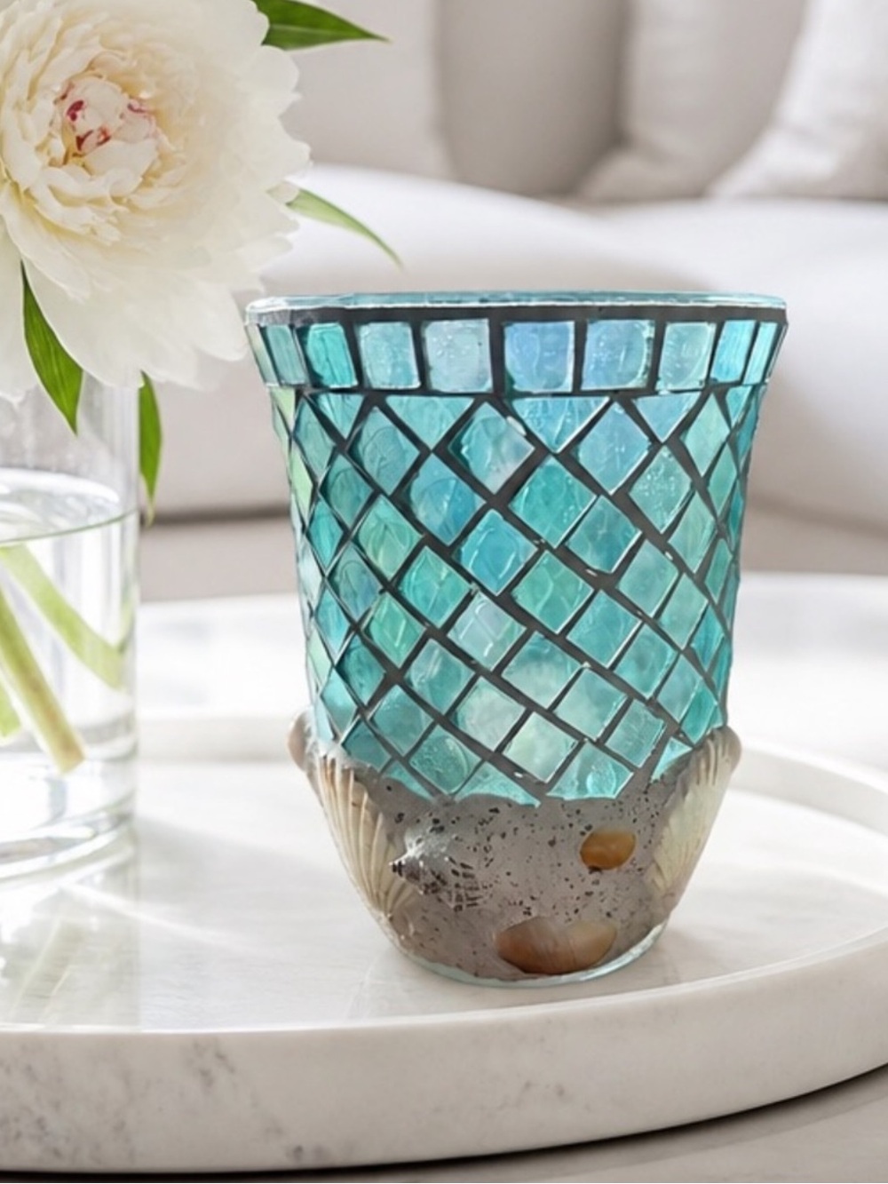 Vintage Coastal Aqua Glass Vase with Seashell Base